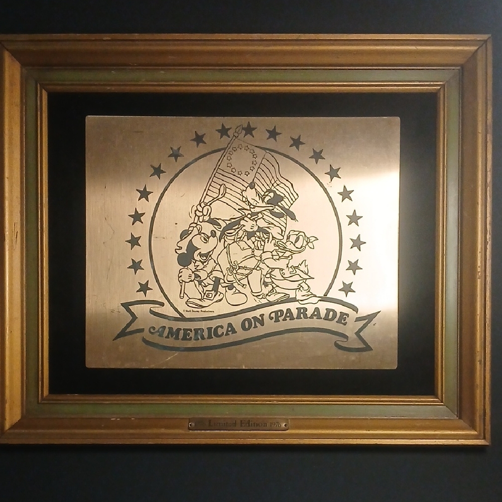 Vintage Disneyland  Brass Plaquet Wall Art, America on Parade Mickey, Guffy, Ect